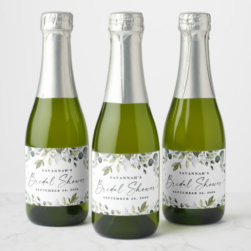 Bridal Shower Favors Elegant Greenery Mini Bottle Champagne Label - MINI Champagne labels - design features elegant watercolor greenery eucalyptus, olive branches, and other leafy elements. "Bridal Shower" is printed in a modern stylish font surrounded by a few small falling leaves.  Use for favors as bridal showers for guests or game winners as prizes.