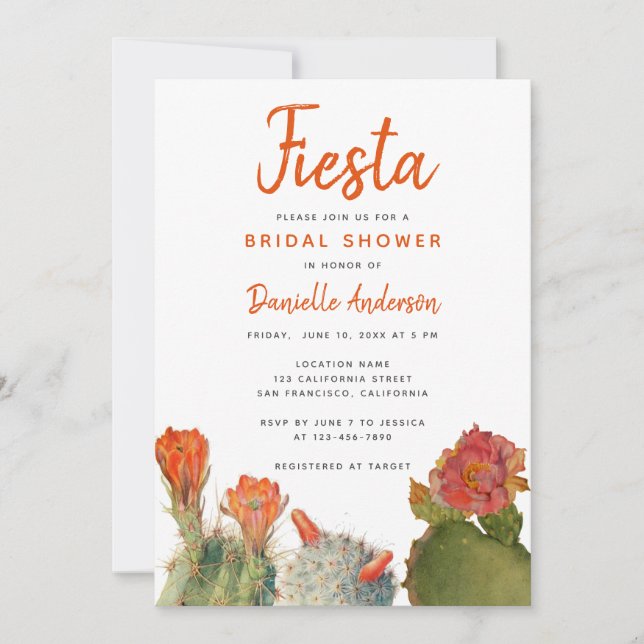 Bridal Shower Fiesta Cactus Flowers Watercolor Invitation (Front)