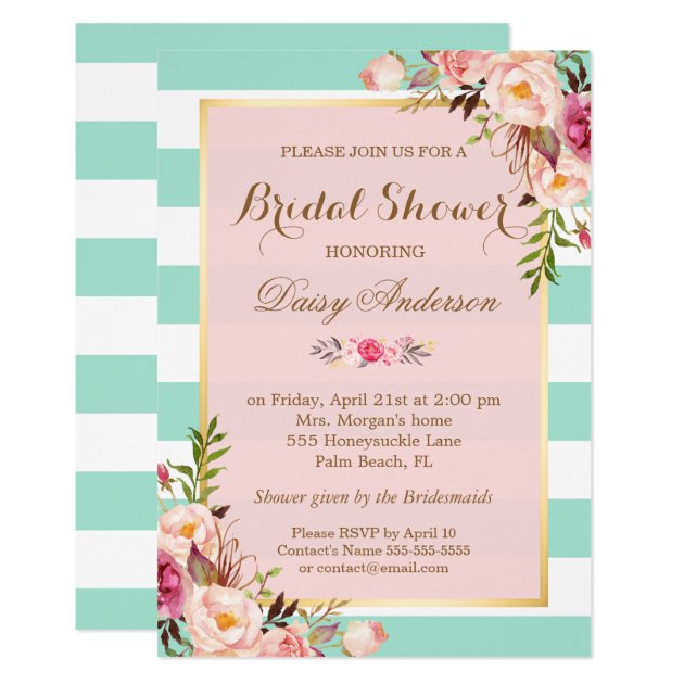 Bridal Shower Floral Baby Pink Mint Green Stripes Invitation