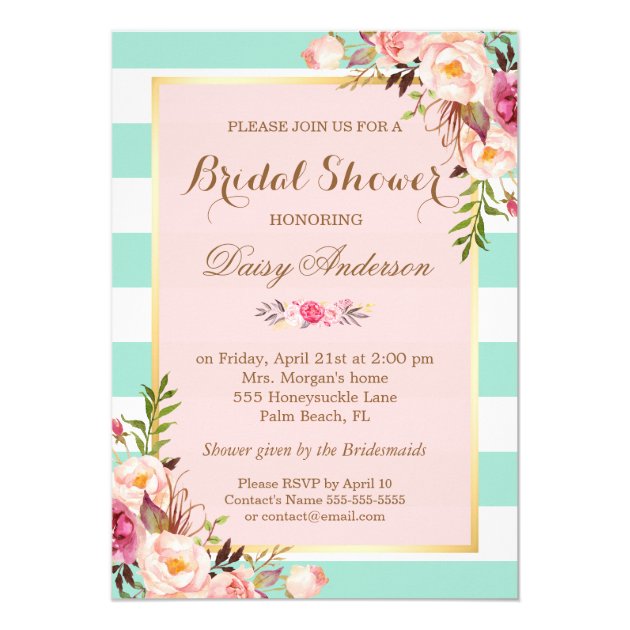 Bridal Shower Floral Baby Pink Mint Green Stripes Invitation