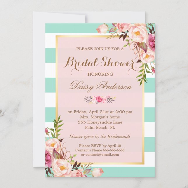 Bridal Shower Floral Baby Pink Mint Green Stripes Invitation (Front)