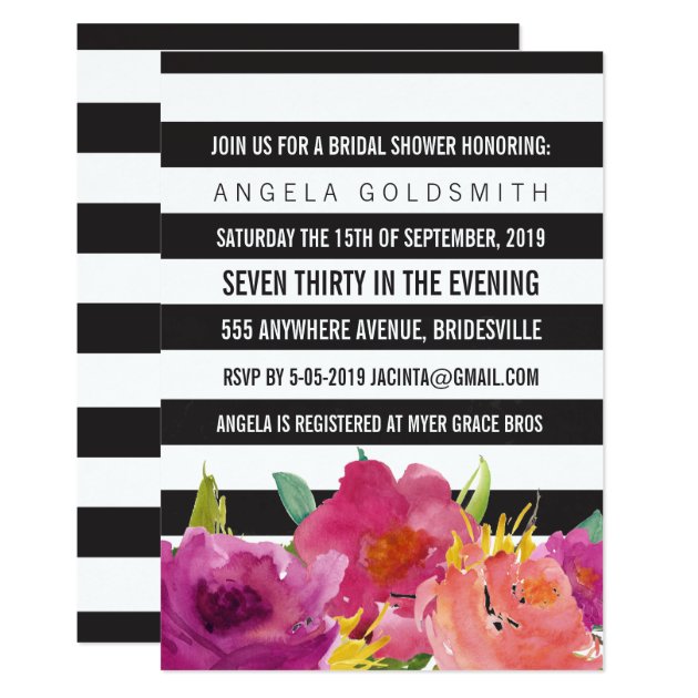 Bridal Shower Floral Black & White Stripes Invitation