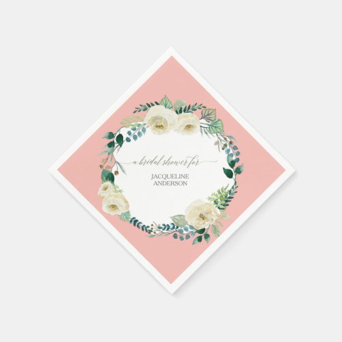 Bridal Shower Floral BOHO Wreath White Rose Rustic Napkins