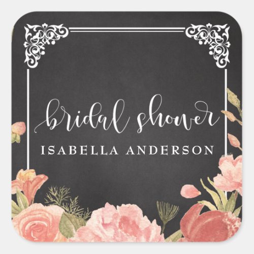 Bridal Shower | Floral Bouquet on Chalkboard Square Sticker - "Bridal Shower | Floral Bouquet on Chalkboard" by Eugene_Designs.