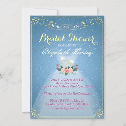Bridal Shower Floral Bride Dress Diamond Ring Blue Invitation