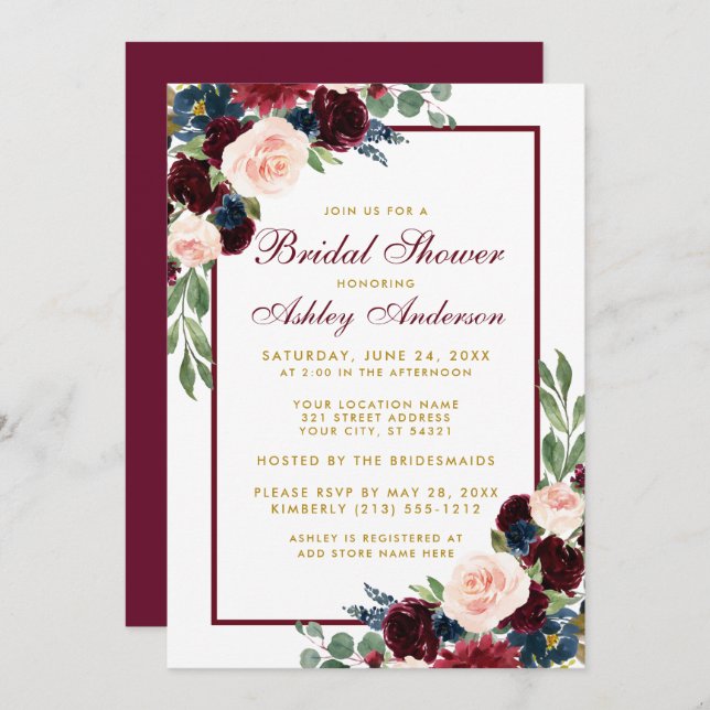 Bridal Shower Floral Burgundy Blue Gold Invite (Front/Back)
