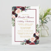 Bridal Shower Floral Burgundy Blue Gold Invite (Standing Front)