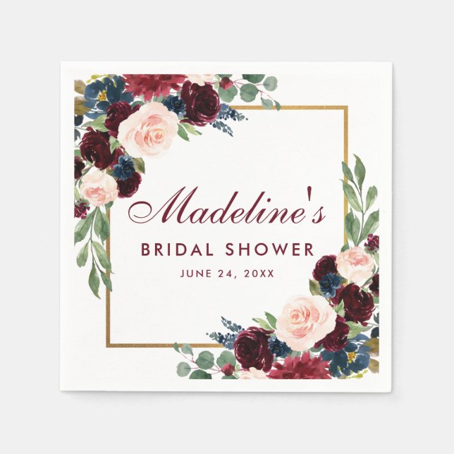 Bridal Shower Floral Burgundy Blue Gold White Napkins (Front)