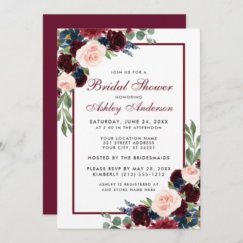 Bridal Shower Floral Burgundy Blue Invitation