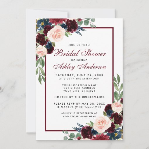 Bridal Shower Floral Burgundy Blue Invitation | Zazzle