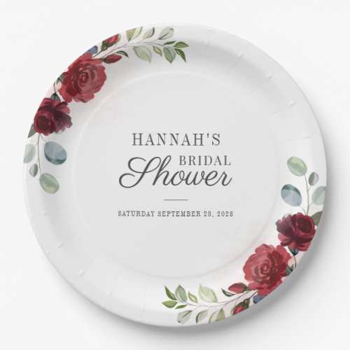 Bridal Shower Floral Burgundy Watercolor Blush Paper Plates