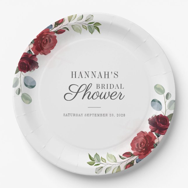 Bridal Shower Floral Burgundy Watercolor Blush Paper Plates (Front)