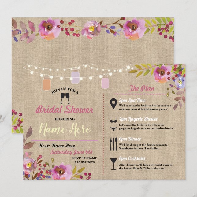 Bridal Shower Floral Burlap Jars Pink Itinerary Invitation (Front/Back)