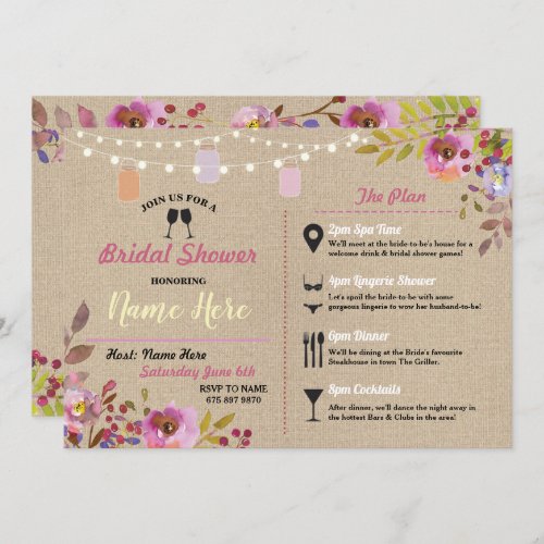 Bridal Shower Floral Burlap Jars Pink Itinerary Invitation