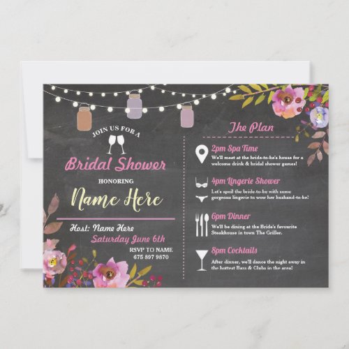Bridal Shower Floral Chalk Jars Pink Itinerary Invitation