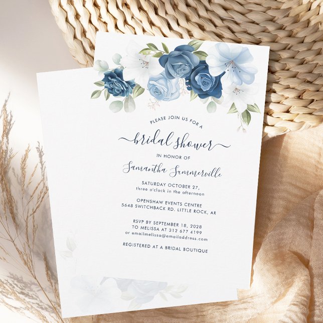 Bridal Shower Floral Dusty Blue Invitation (Floral Dusty Blue and White Nature Script Bridal Shower Invitation)