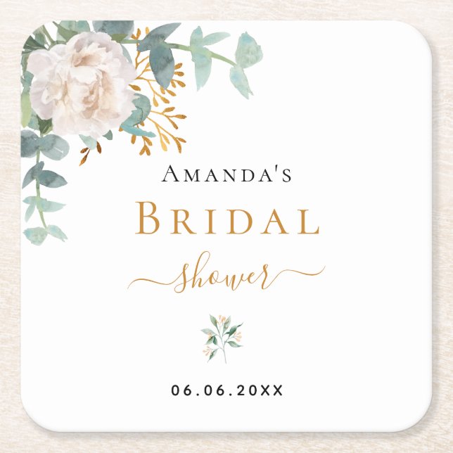 Bridal Shower floral eucalyptus greenery elegant Square Paper Coaster (Front)