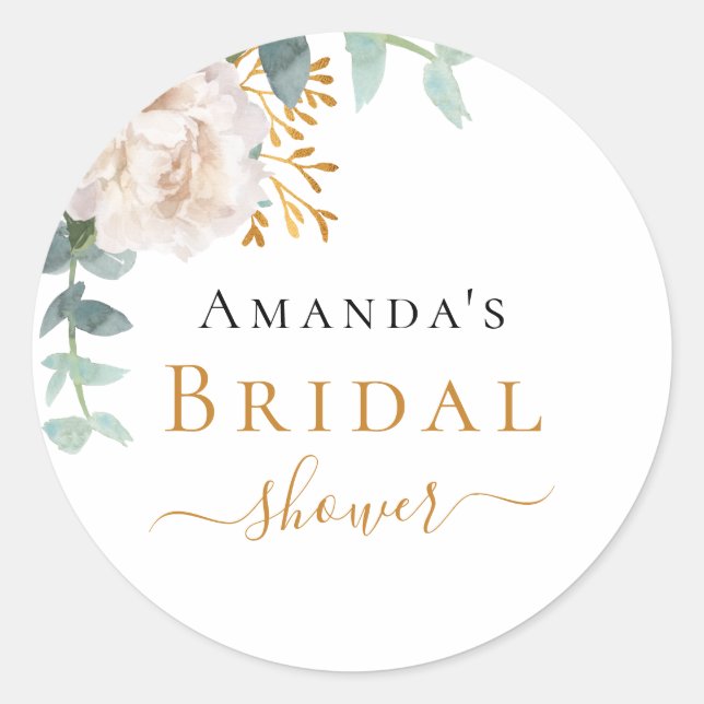 Bridal Shower floral eucalyptus greenery white Classic Round Sticker (Front)