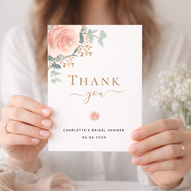 Bridal Shower floral eucalyptus rose gold pink Thank You Card (Creator Uploaded)