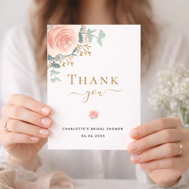 Bridal Shower floral eucalyptus rose gold pink Thank You Card | Zazzle