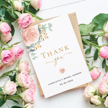Bridal Shower Floral Eucalyptus Rose Gold Pink Thank You Card by Thunes at Zazzle