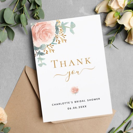 Bridal Shower floral eucalyptus rose gold pink Thank You Card | Zazzle