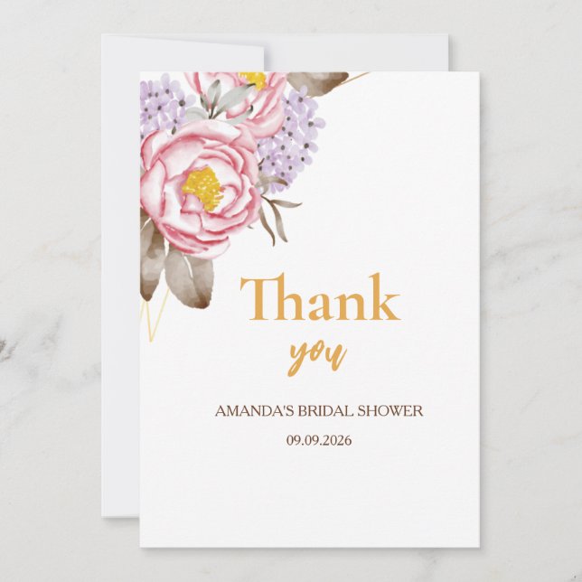 Bridal Shower floral eucalyptus rose gold pink  Thank You Card (Front)