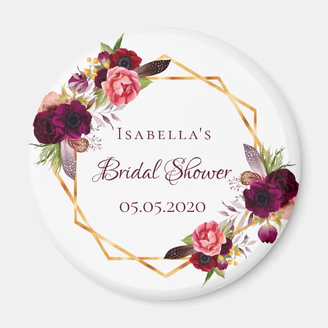Bridal shower floral gold geo white burgundy magnet (Front)