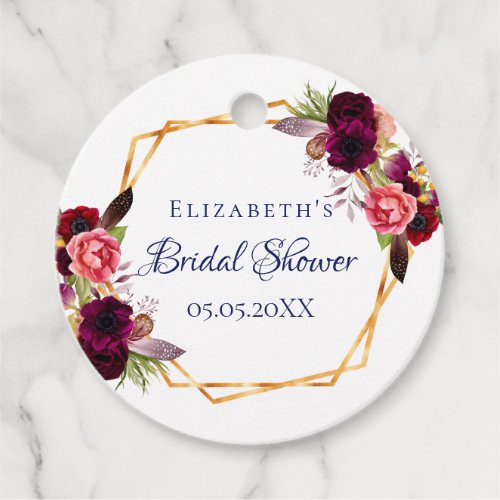 Bridal shower floral gold geometric burgundy favor tags