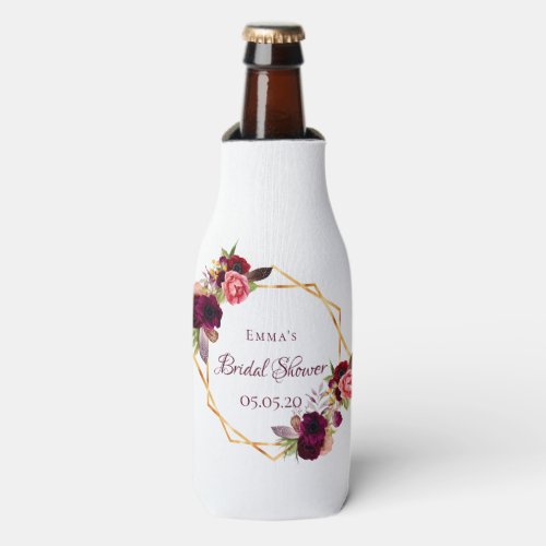 Bridal shower floral gold geometric burgundy name bottle cooler