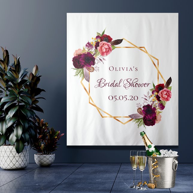 Bridal shower floral gold geometric burgundy name tapestry (Creator Uploaded)