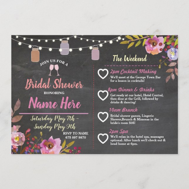 Bridal Shower Floral Jars Pink Itinerary Chalk Program (Front)