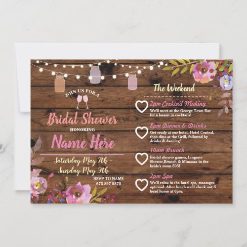 Bridal Shower Floral Jars Pink Itinerary Wood Invitation