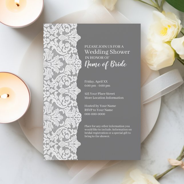 Bridal Shower: Floral Lace Pattern and gray Invitation