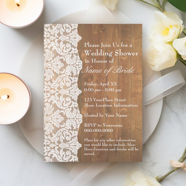 Bridal Shower: Floral Lace Pattern and Rustic Wood Invitation (Bridal Shower Invitation - Rustic Modern Wood and Lace)
