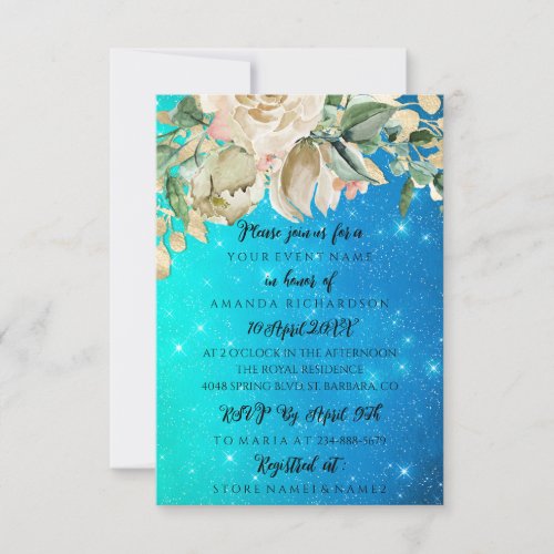 Bridal Shower Floral Min Blue Stars Invitation