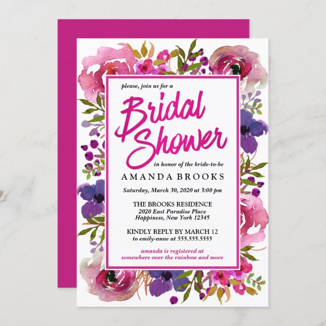 Bridal Shower Floral Modern Wedding Watercolor Invitation (Front/Back)