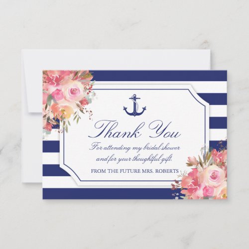 Bridal Shower Floral Nautical Anchor Blue Stripe Thank You Card