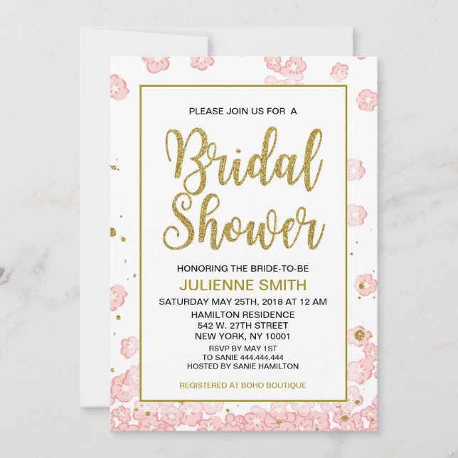Bridal Shower Floral | Pink and Gold Glitter Invitation (Front)