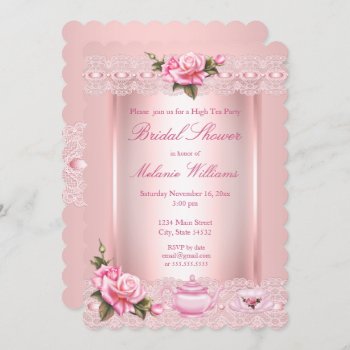 Bridal Shower Floral Pink Roses High Tea Party Invitation by ExclusiveZazzle at Zazzle