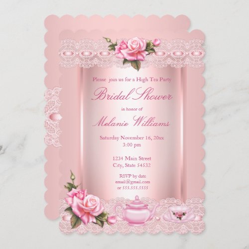 Bridal Shower Floral Pink roses High Tea Party Invitation