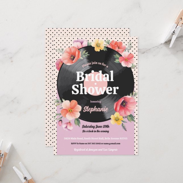 Bridal Shower Floral Record Music Bachelorette Invitation (Front/Back In Situ)