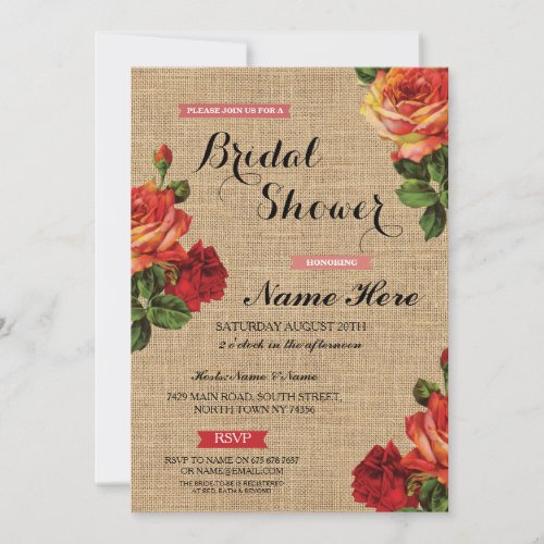 Bridal Shower Floral Red Roses Burlap Invite