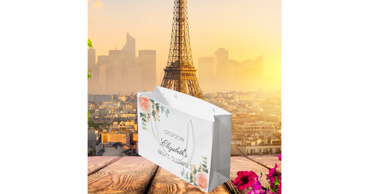 Bridal Shower floral rose gold blush eucalyptus Large Gift Bag | Zazzle