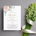 Bridal Shower floral rose gold eucalyptus greenery Invitation<br><div class="desc">A chic white background. Decorated with a rose gold and blush pink floral,  rose flower and green watercolored eucalyptus leaves,  sprigs,  greenery and a faux gold sprig. Personalize and add the name of the bride to be and party details. Black and golden colored letters.  
Back: rose gold background color.</div>