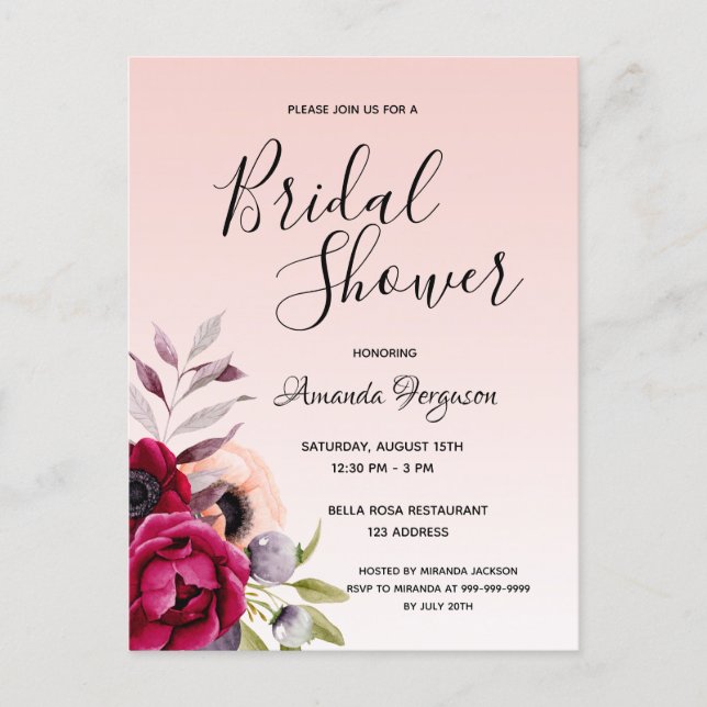 Bridal shower floral rose gold invitation postcard (Front)