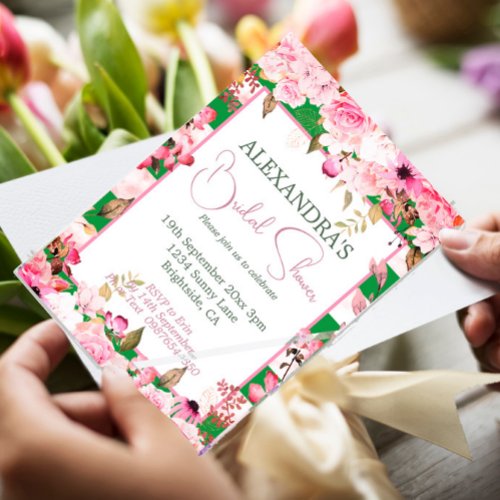  Bridal Shower Floral Rose Green Pink Stripe  Invitation