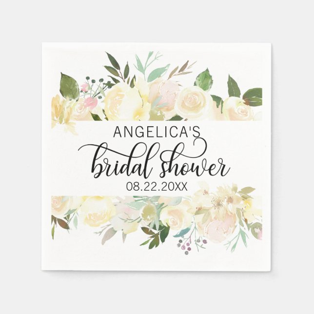 Bridal Shower Floral Watercolor Pink Ivory Napkins (Front)