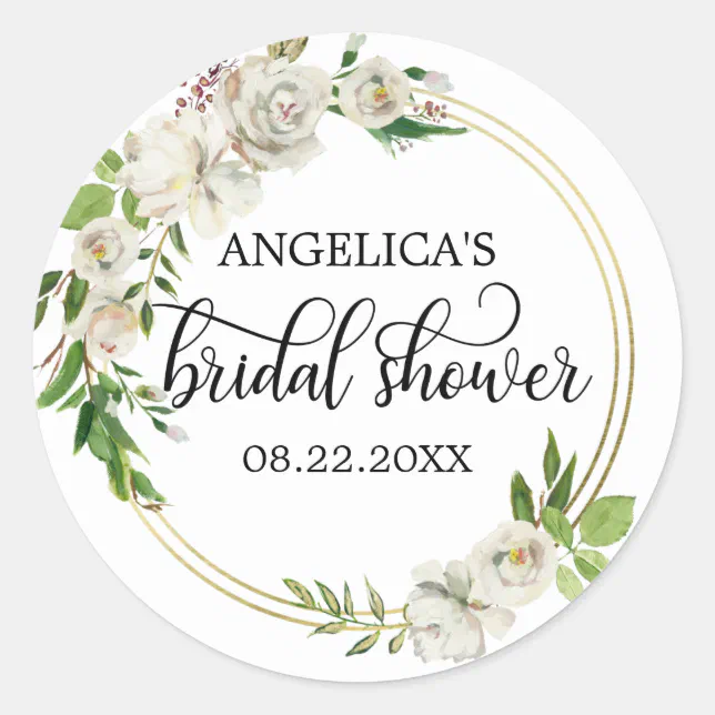 Bridal Shower Floral Watercolor Vintage White Classic Round Sticker ...