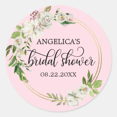 Bridal Shower Floral Watercolor White Ivory Pink Classic Round Sticker